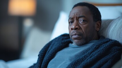 Worried African American Man in a Blanket on a Sofa