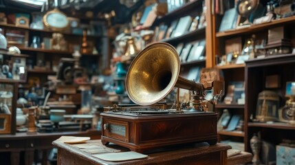 Antique Store Inventory. Old Gramophone, Sewing Machine and Other Early Twenty Century Stuff