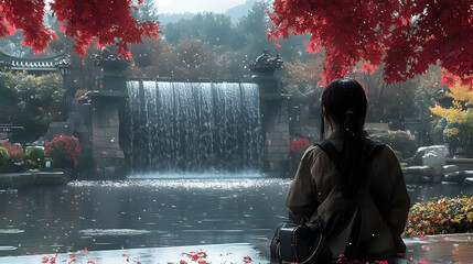 Tranquil Waterfall in a Serene Forest Setting, Autumn Colors and a Woman Contemplating Nature