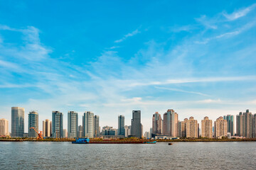 Looking at the Pudong area of Shanghai, China across the Huangpu River