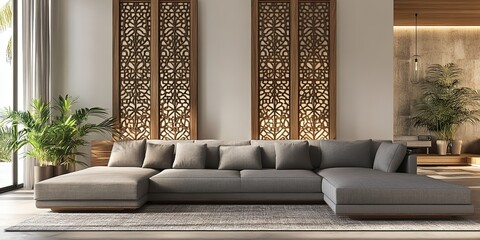 modern open plan room with luxury grey soft sofa and elegant wooden partition with arabic ornament intricate carving 