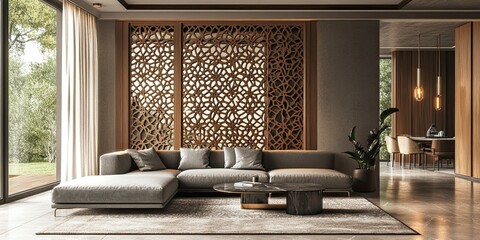 modern open plan room with luxury grey soft sofa and elegant wooden partition with arabic ornament intricate carving 