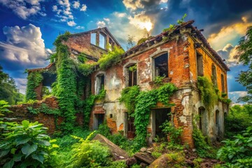 Obraz premium Abandoned and Dilapidated Building with Crumbling Walls Surrounded by Overgrown Vegetation and Debris