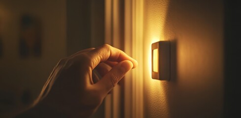 Close-up of a man's hand turning on a light switch in a home, with a white wall background. The man is touching a modern digital touch panel light with a minimalist design
