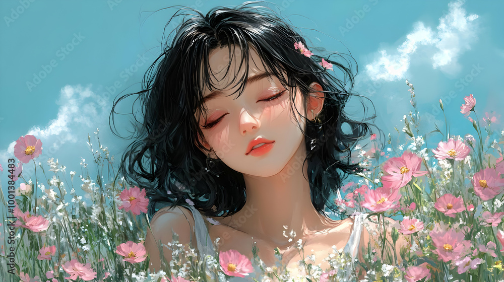 Canvas Prints Dreamy Girl in a Field of Pink Flowers