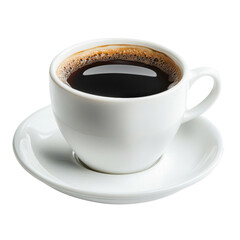 Fototapeta premium A white coffee cup with a black liquid in it sits on a white saucer. on transparent background png