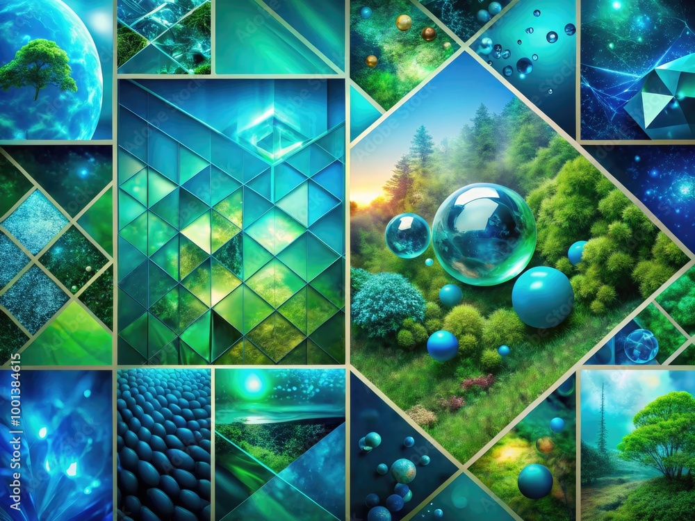 Poster abstract blue and green digital web background with geometric shapes and soft light effects for desi