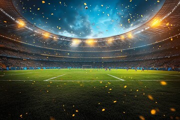 Empty stadium with a green grassy field in the center and a cloudy blue sky overhead with golden confetti falling.