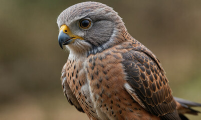 Fototapeta premium A kestrel perches in a field, its keen eyes scanning the ground for prey