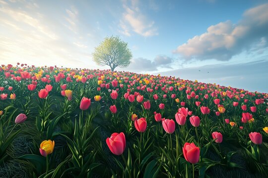 A tranquil scene of a hillside covered in blooming tulips, creating a vibrant and inviting landscape.