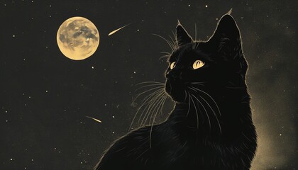A black cat gazes thoughtfully at a glowing full moon amidst starry skies and shooting stars on a serene night