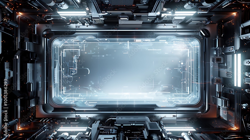 Poster futuristic sci-fi viewport with glowing frame.