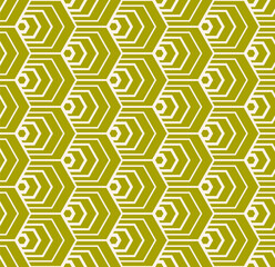 Vector geometric seamless pattern with outline hexagons, tiles, stylized fish scale grid. Green and beige abstract background. Simple minimal texture. Art deco style. Repeated design for decor, print