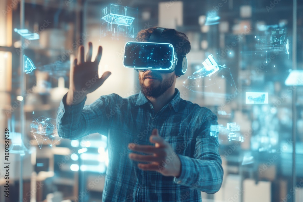 Poster a virtual reality designer engages with floating 3d objects in a modern studio filled with innovativ