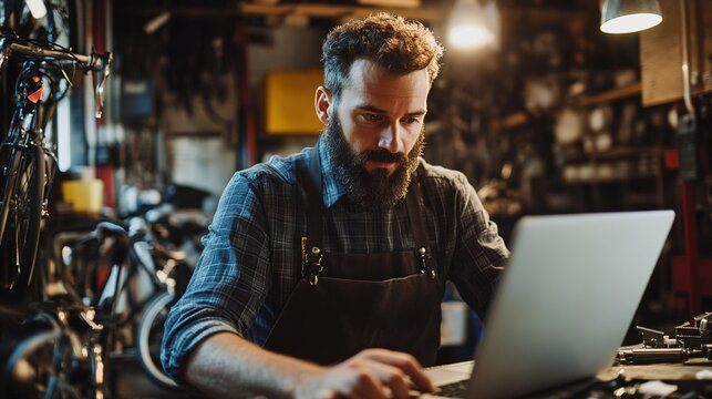 Stylish Businessman Working in Bicycle Workshop
