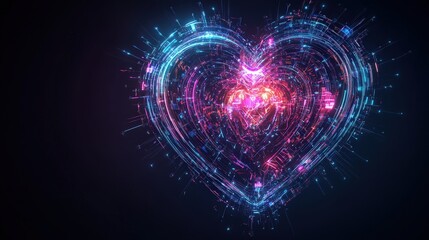 Creative illuminated heart with a futuristic design, featuring glowing neon lights and intricate patterns. Perfect for digital art and tech themes