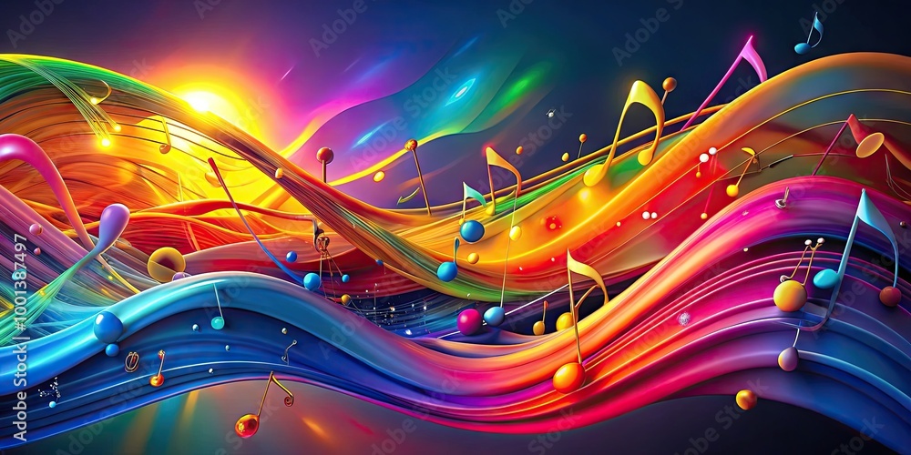 Poster abstract music art with colorful waves and notes creating a dynamic and lively atmosphere