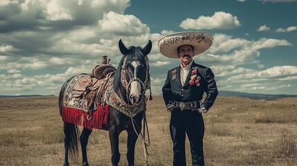 A man in a traditional Mexican charro suit, posing next to a decorated horse in an open field