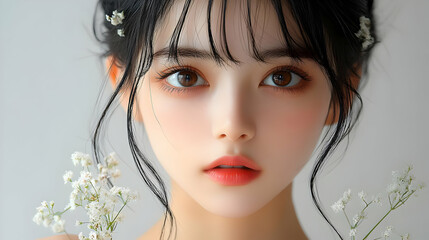 Close Up Portrait of a Young Woman with Flowers