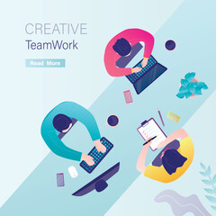 Office teamwork, workers business management meeting and brainstorming at table in top view. Creative managers sitting at desk. Employees cooperation. Business people negotiation.