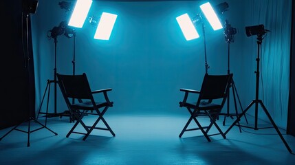 Fototapeta premium Interview room with two chairs facing each other under focused spotlights, microphones ready, creating a perfect setup for podcast streamers