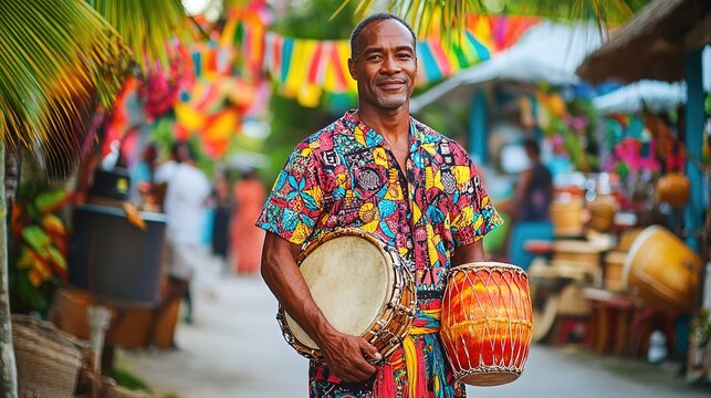 A man in a traditional Mauritian sega costume, standing in front of a vibrant coastal festival with colorful decorations