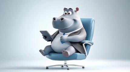 Happy Hippo in a Suit with a Tablet Device