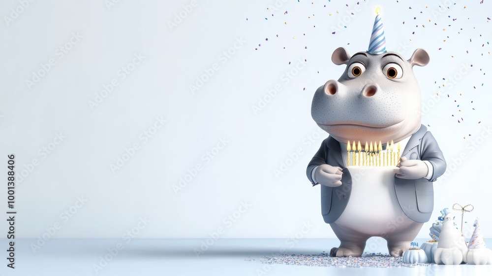 Wall mural Happy Hippo Celebrating Birthday with Candles and Confetti