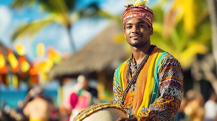 A man in a traditional Mauritian sega costume, standing in front of a vibrant coastal festival with colorful decorations