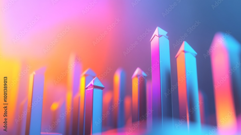 Poster a dynamic 3d bar graph with arrows pointing upward, set against a gradient background, symbolizing d
