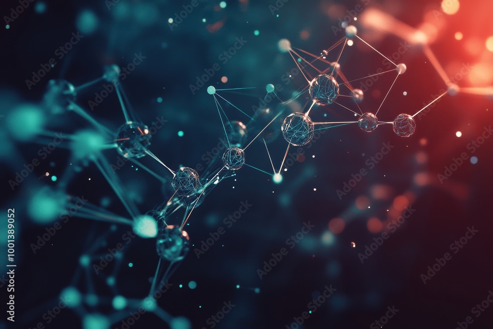 Poster Abstract illustration of molecules and chemical structures highlighted against a dark background with glowing accents. Generative AI