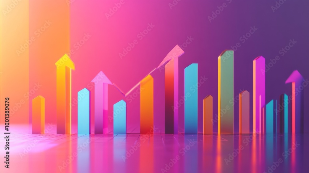 Aufkleber A dynamic 3D bar graph with arrows pointing upward, set against a gradient background, symbolizing data trends, economic growth, and financial success.