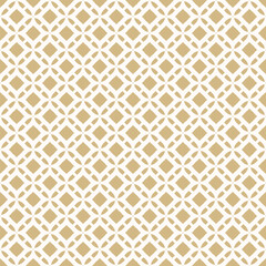 Golden grid ornament. Vector abstract gold and white geometric seamless pattern with diamond shapes, flower silhouettes, lattice. Simple elegant background texture. Repeated luxury geo design