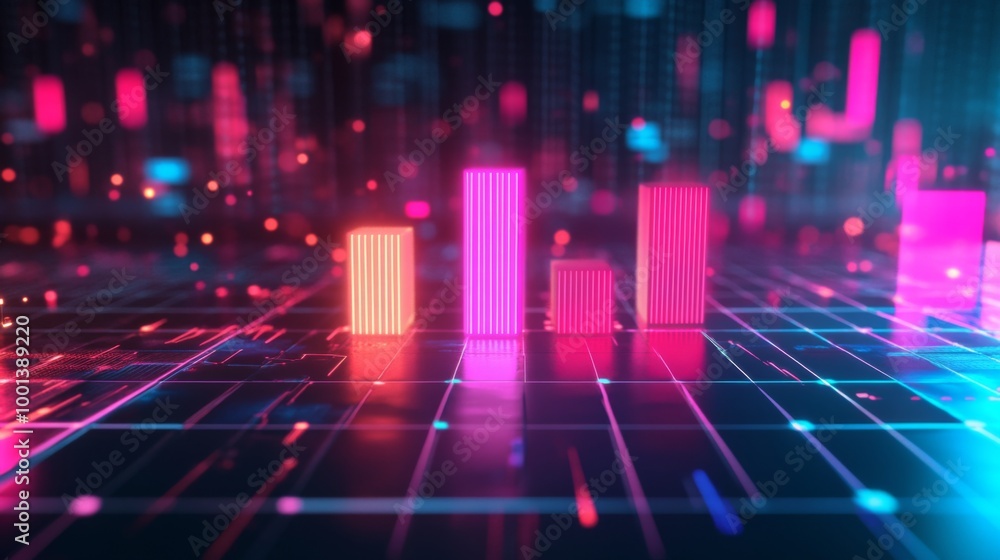 Poster a dynamic 3d bar graph with glowing neon bars, showing data comparison in a high-tech setting with g