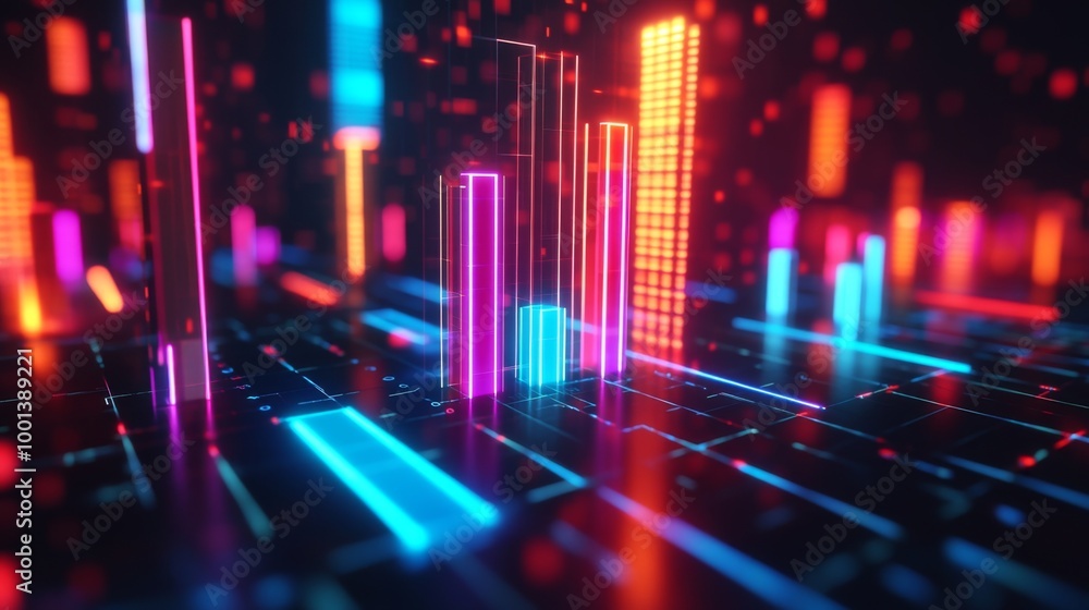 Poster a dynamic 3d bar graph with glowing neon bars, showing data comparison in a high-tech setting with g