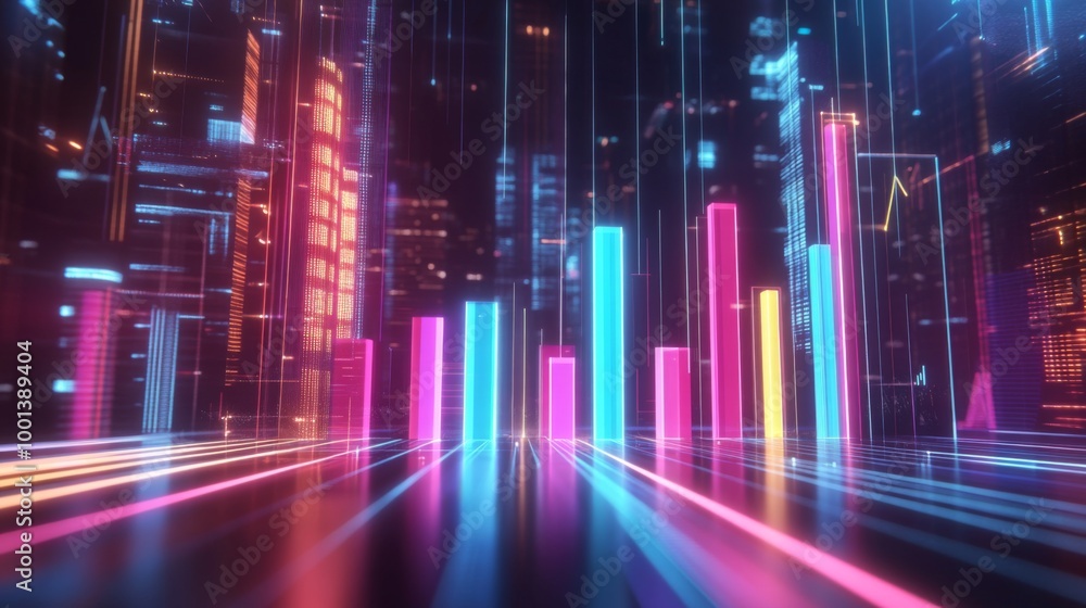 Aufkleber a dynamic 3d bar graph with glowing neon bars, showing data comparison in a high-tech setting with g