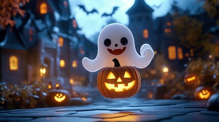 Cute ghost with a pumpkin Jack-o'-lantern, floating happily through Halloween night