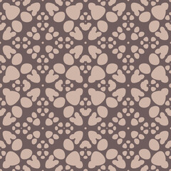 Vector abstract geometric seamless pattern with floral silhouettes, dots. Stylish ornament texture with ethnic folk motifs. Simple background in brown tones. Retro style. Repeated decorative design