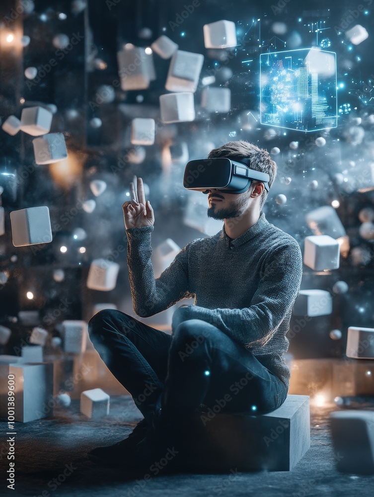 Poster a virtual reality designer creates in a modern studio surrounded by floating digital objects while u