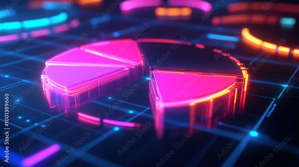 Poster a dynamic 3d pie chart with glowing neon-colored slices, separated to emphasize individual data poin