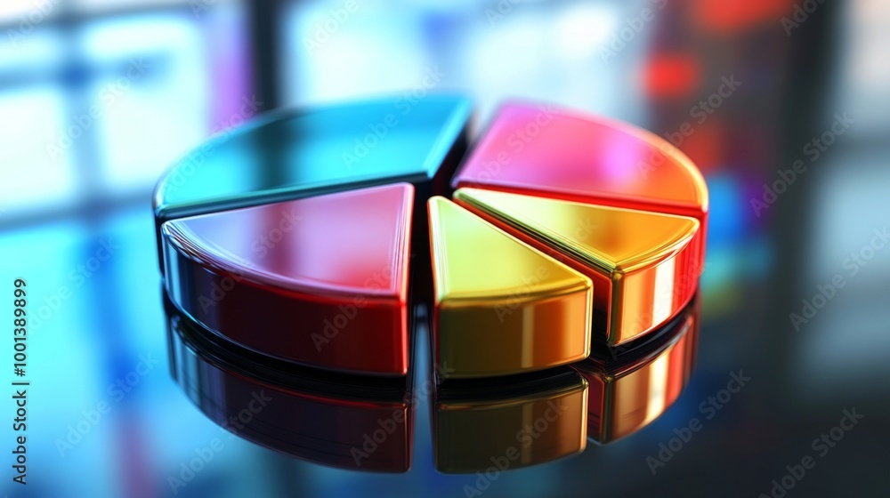 Poster a dynamic 3d pie chart with metallic segments, arranged on a reflective surface, representing financ