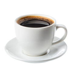 Fototapeta premium A white coffee cup with a black liquid in it sits on a white saucer. on transparent background png