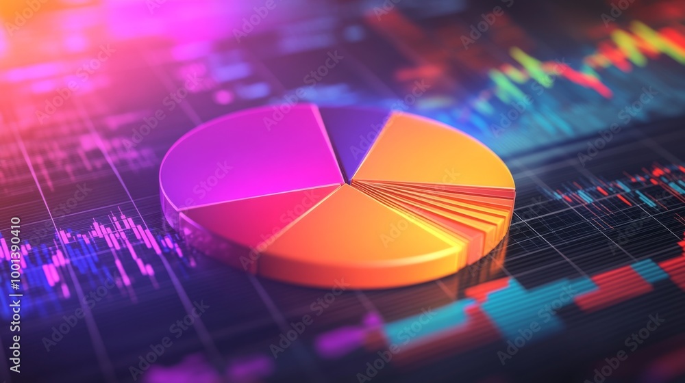 Poster a dynamic financial pie chart with bright, segmented slices showing business income allocation, over