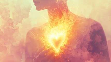 A close-up of a meditating person, with a focus on their chest area, where a golden, warm light glows softly from within. The light pulses gently, spreading