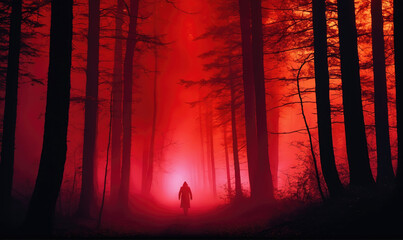 A lone figure walks through a red forest, illuminated by an eerie light