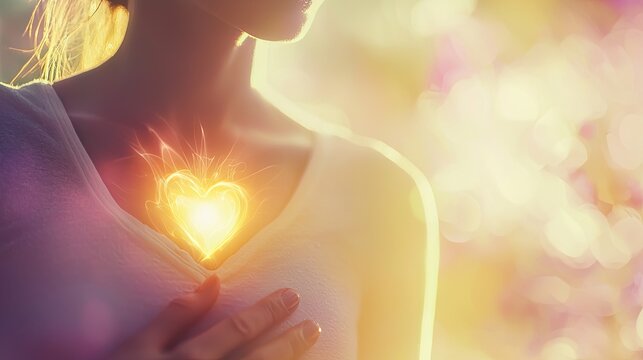 A close-up of a meditating person, with a focus on their chest area, where a golden, warm light glows softly from within. The light pulses gently, spreading