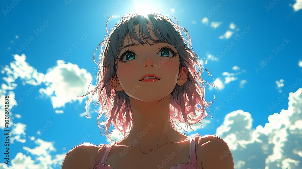 Poster Smiling Girl Looking Up at Sky, Blue Sky, White Clouds