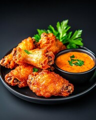 Fototapeta premium Crispy DeepFried Chicken Wings with Spicy Dipping Sauce Perfect Bar Snack for Drinks