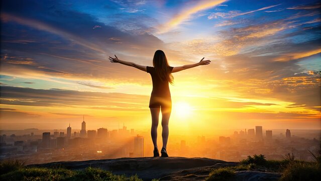 Attractive female silhouette with bold, confident stance, legs spread wide apart, exuding empowerment, freedom and independence against a blurred cityscape background at sunset.