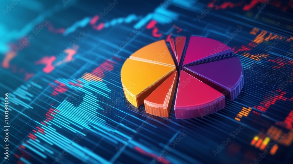 Fototapete A dynamic financial pie chart with segmented slices, showing investment portfolio allocation, overlaid on a digital background filled with stock market trends.